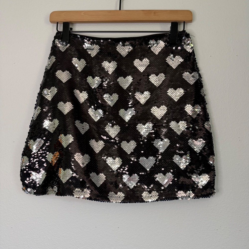 NWT - Lush - Black and Silver Sequin Heart Mini Skirt Size XS